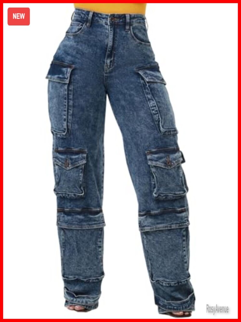 Mid Rise Cargo Jeans Straight Wide Leg Baggy Denim Pants